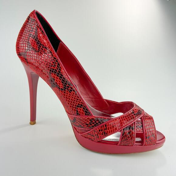 Karen Millen Peep Toe Heels Size 39 8 US Red Reptile Snakeskin Stiletto‎ - Picture 1 of 15